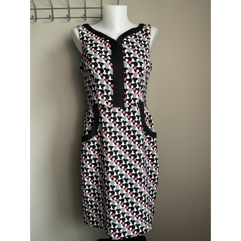 London Times Geometric Polka Dot Sheath Dress 8 Sleeveless Mod Career Retro Chic